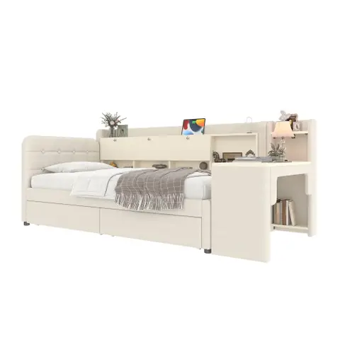 Bett 90 x 200 cm - Schlafsofa mit 2 Schubladen - Schreibtisch - USB- und Typ-C-Anschlüsse - Staufach mit Klappdeckel - Lattenrost (Matratze nicht enthalten) - Leinen - Beige