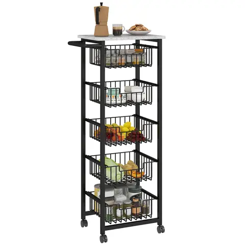 HOMCOM 4-Tier Kitchen Island on Wheels, Rolling Kitchen Storage Trolley with 4 Pull-Out Mesh Baskets, Mobile Utility Serving 