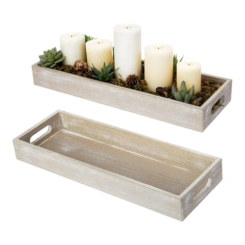 MyGift 40 x 15 cm Rustikale Holztabletts in Antikbraun mit Ausschnittgriffen, Rechteckige Tischdekoration Servierplatte, Set aus 2