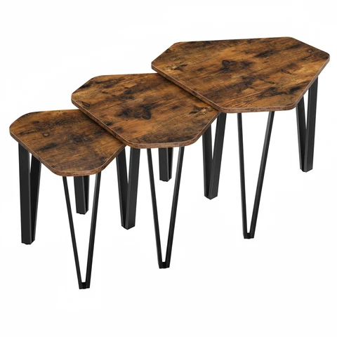 Vasagle 3er-Set Beistelltische, Nachttische & Couchtische im Industrie-Design, Vintage Braun-Schwarz, mit Metallbeinen