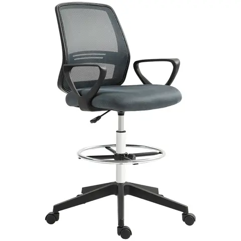 Vinsetto Drafting Chair, Ergonomic Tall Office Chair with Mesh Back, Lumbar Support, Adjustable Height and Foot Ring, Swivel Wheels, for Standing Desk, Grey