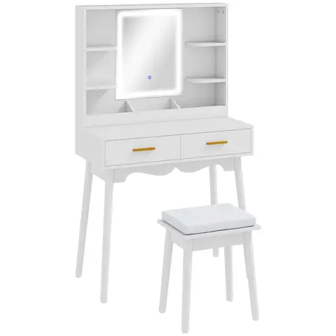 HOMCOM Dressing Table with Mirror and Stool, Vanity Desk with 3-Colour LED Lights, Modern Makeup Table with Cushioned Seat, 2 Drawers, Storage Shelves, Pine Wood legs, White