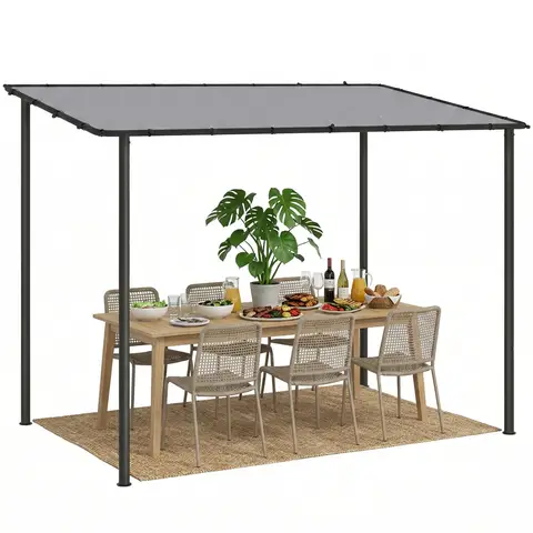 Outsunny 3 x 2 m Lean to Garden Pergola, Metal Frame Wall Mounted Gazebo Pergola with UPF30+ Sun Protection, Sloped Roof, Drainage Holes, Outdoor Sun Shade, Grey