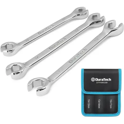 DURATECH Jeu de 3 clés à molette pour écrous flares de tuyau de frein, 10-17 mm, Acier Cr-V | Conception à double anneau ouvert, Acier chrome-vanadium, Finition poli miroir, Dégagement à 15 degrés, Tuyau de frein, Métrique, Pochette de rangement