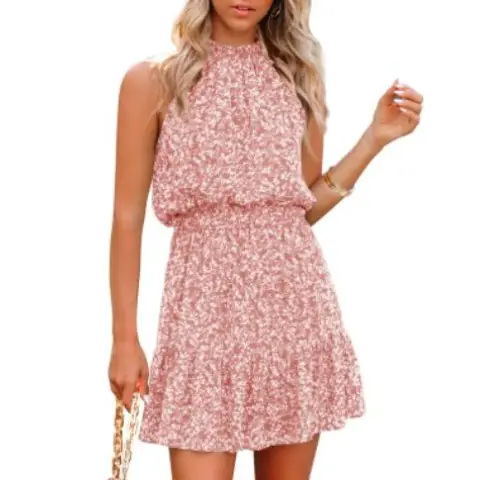 Women's Halter Dresses Summer Boho Floral Sundress 2024 Casual Sleeveless Beach Short Dress (pink, XL)