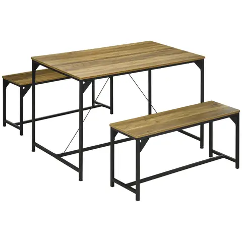 HOMCOM Dining Table & 2 Benches Set Contemporary Dark Oak Effect/Black