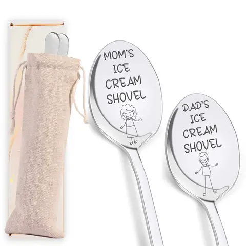 Alphynix 2PC Parent Ice Cream Spoon Collection, Themed "Mom's/Dad's Ice Cream Shovel" Designs with Playful Cartoon Characters, Comes with Storage Pouch, Perfect Family Gift