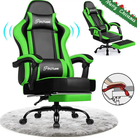 Gaming chair, ergonomic office chair with telescopic footrest, gaming chair with headrest and lumbar support, upholstered gaming armchair 150 kg, height-adjustable gaming chair