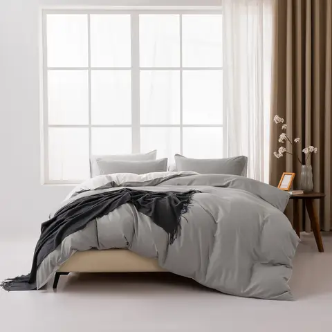 MENDALE Parure de couette - Parure de lit premium - Housse de couette 140*200 cm avec taie d'oreiller 65*65 cm - Microfibre douce brossée - Gris foncé & blanc cassé