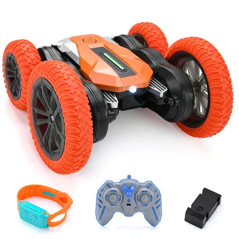 Tokky Remote Control Toy Car Gesture Sensing Watch + Handle Dual Control Transformation Blooming Stunt Four-Wheel Drive Double-Sided Tumbling Colorful Lights Music 2.4GHz Remote Control Off-Road Vehicle QX002