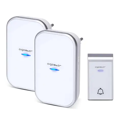Aigostar - Sonnette sans fil et récepteur à brancher, 36 sonneries, 3 niveaux de volume, portée de 150 m, étanche IP44, avec 1 émetteur et 2 récepteurs à brancher, blanc