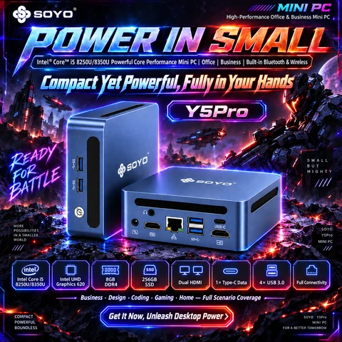 SOYO Y5Pro Mini PC, Intel Core i5 8250U/8350U Prozessor Mini PC Windows 11, 8 GB DDR4 256 GB SATA SSD Mini Computer | BT5.2 | Wi-Fi 5