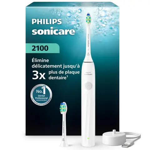 Philips Sonicare Series 2100 HX4022/01 Brosse à dents électrique - technologie sonique, tête InterCare, 2 intensités, EasyStart, autonomie 14 jours - Blanc