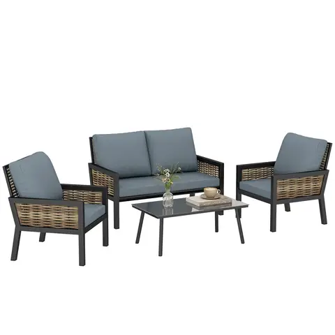 Outsunny 4 Seater Rattan Garden Furniture Set with 2 Armchairs, Loveseat, Coffee Table, Garden Sofa Set with Cushions, Outdoor Furniture Conversation Sets for Patio, Grey
