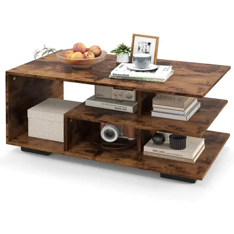 COSTWAY Coffee Table 3-Tier Rectangular Center with L-Shaped Middle Shelf-Rustic Brown