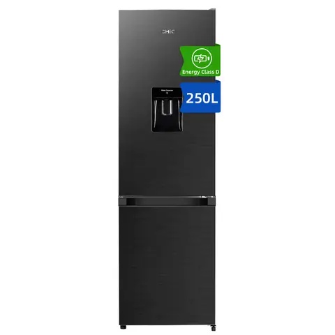 CHiQ JKR250WDGD 54cm Wide 181cm Tall Total No Frost Freestanding Fridge Freezer with Water Dispenser - 250L - Premium Black Steel - D Rated