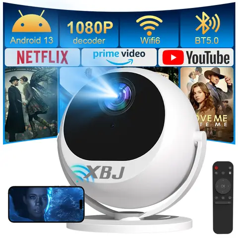 XBJ 360° Portable Projector & Smart Projector, Full HD 1080P, 360° Rotation for Ceiling/Wall/Table Projection, Outdoor Projector with 500 Lumens, 120" Display, Auto Keystone& 6D Keystone Home Theater Projector, Wi-Fi/BT/HDMI, Compatible with Phone/PC/PS5, European Version，120" Large Projection