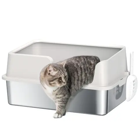 PawHut Stainless Steel Litter Box, High Sided Metal Cat Litter Tray with Detachable Rim, Scoop, Easy Cleaning, Odour-Resistant, 60 x 40 x 28 cm