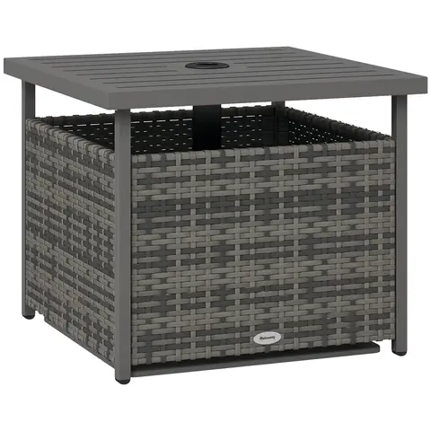 Outsunny Rattan Garden Coffee Table, 55.5 cm Square Wicker Patio Side Coffee Table with 4 cm Umbrella Hole, Metal Bottom and 