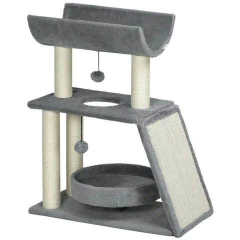 PawHut Cat Tree for Indoor Cats with Scratching Posts Pad, Kitten Tower with Bed Perch Ball Toy, 60 x 30 x 76 cm, Light Grey