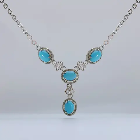 Turquoise and White Gem Rhodium Plated Pendant 45cm Necklace
