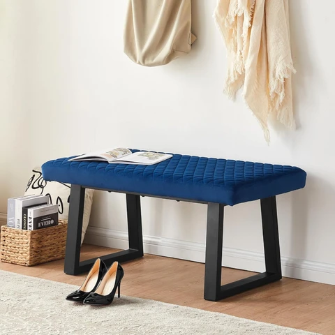 CLIPOP Upholstered Dining Bench, 100 cm Velvet Padded Seat, Ottoman Bench Hallway Bench with Sturdy Metal Legs, Dining Room Bench Seating for Entryway Living Room Bedroom Blue