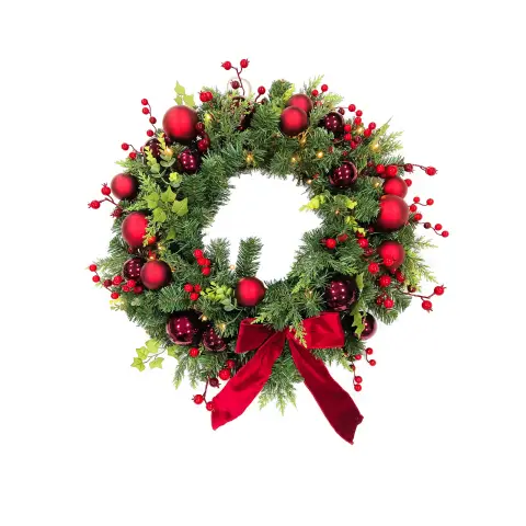 Daisy Darcy 66cm Luxury Pre-Lit Wreath with Velvet Bows and Red Baubles