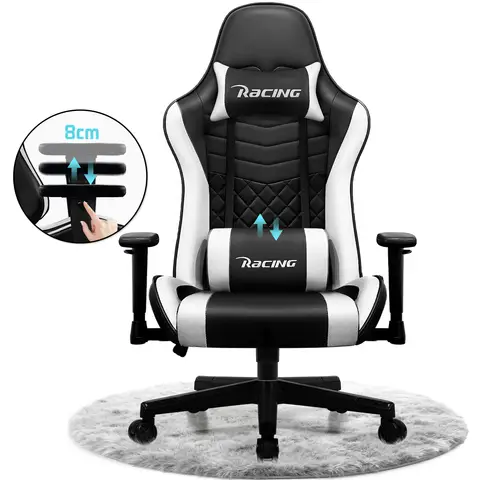 GTIMEX Gaming-Stuhl, ergonomischer Bürostuhl mit verstellbarer Lendenstütze, Kopfstütze und Armlehnen, gepolsterter Gaming-Stuhl, Gaming-Stuhl mit Neigungsfunktion, Gaming-Stuhl mit 150 kg Belastbarkeit