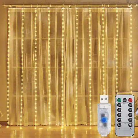 SALCAR Rideau lumineux à 200 LED - 2 x 2 m - 8 modes - Avec minuterie - Étanche - USB - Pour Noël, mariage, fête, terrasse - Blanc chaud