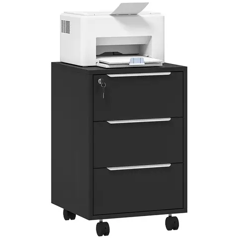 HOMCOM 3-Drawer Lockable Filing Cabinet, File Cabinet on Wheels, Mobile Office Storage Drawers for Home Office Black