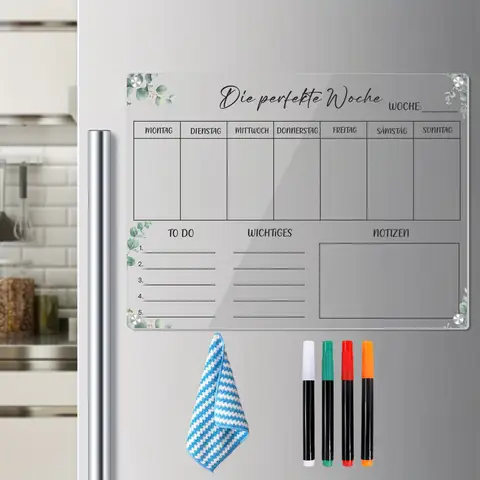 Alphynix 1 Stück deutsche Wochenplan-Tafel "Die perfekte Woche" Organizer mit Eukalyptusblatt-Design, inkl. Tagesplanung, To-Do-Liste, Notizsektionen, 4 Markern und Reinigungstuch