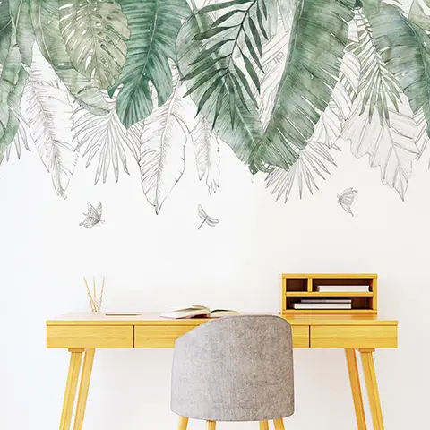 Green Tropical Assorted Leaves Decals Removable PVC Wall Stickers - Living Room Bedroom Office Home Decorations,Hanging tropical leaves