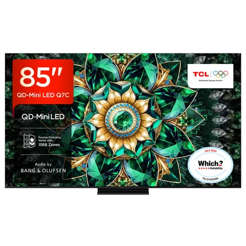 TCL 85Q7C-UK 85” QD-Mini LED TV, 4K UHD, Smart Google TV with 144Hz Motion Clarity Pro, Dolby Atmos​, Audio by Bang & Olufsen, Game Master