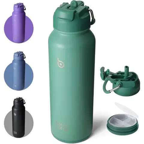 BOTTLE BOTTLE Gourde isotherme en acier inoxydable avec paille, poignée et compartiment à médicaments, 1,13L, vert, sports de plein air et école