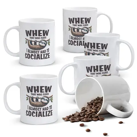Alphynix 1pc 11oz White Mug with "WHEW THAT WAS CLOSE" Funny Sloth Quote About Avoiding Socializing, Relatable Christmas or Thanksgiving Gift