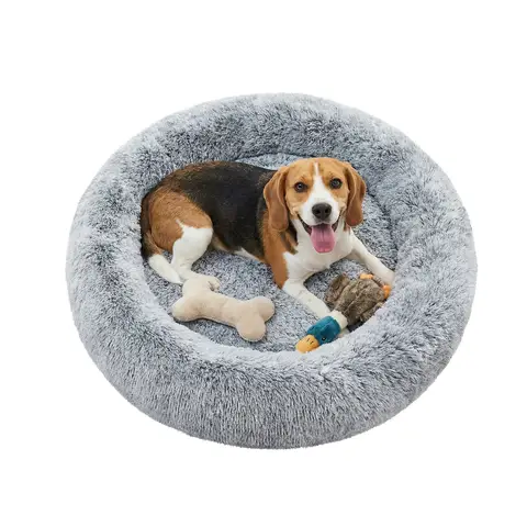 SONGMICS Fluffy Dog Bed, Cat Bed, Doughnut Cushion, Washable, Removable Padding in the Centre, Long Plush, 80 cm Diameter, Light Grey