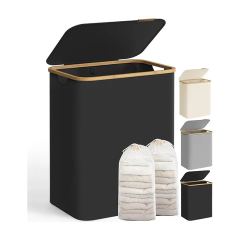 SONGMICS Laundry Basket with Lid, Laundry Hamper with 2 Compartments, 130 L, Removable Laundry Bag, Oxford Fabric, Bamboo Handles, Foldable, 52 x 38.5 x 70.5 cm, Ink Black