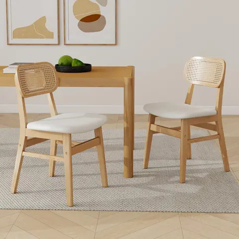 chairus Rattan Dining Chairs Set of 2 Kitchen Side Chairs with Wood Legs for Dining Room, PU Leather White