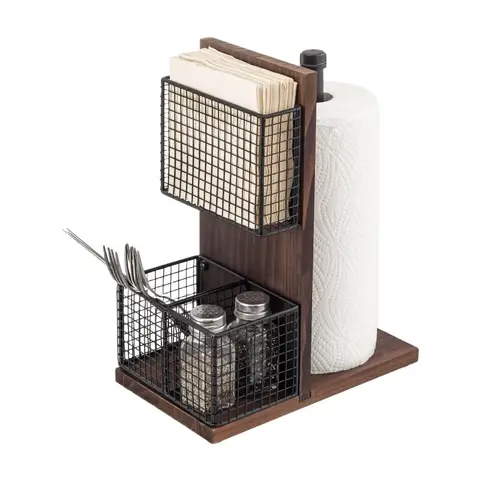 MyGift 3-in-1 Küchenorganizer mit Papiertuchhalter, Serviettenhalter & Gewürzregal - Rustikales Holz & Industrielles Metallrohr-Caddy für den Landhaus-Esstisch