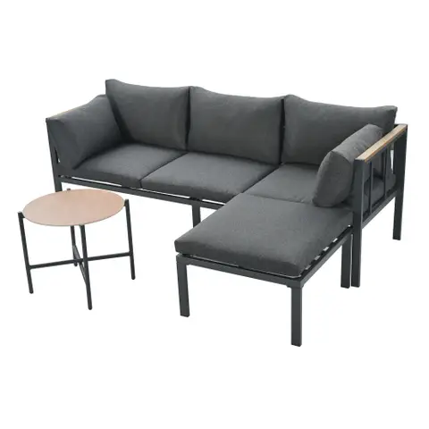 Garden furniture set, corner set, sofa + coffee table + footstool, galvanized steel tube, glass table top, suitable for gardens, swimming pools and other outdoor areas, grey 