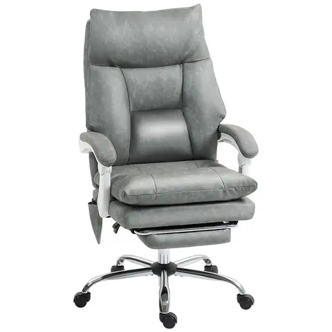 HOMCOM Executive Office Chair with Airbag Lumbar Support, PU Leather Desk Chair with Footrest, Quiet Swivel Wheels, Reclining Backrest, High Back, Height Adjustable, for Home, Grey