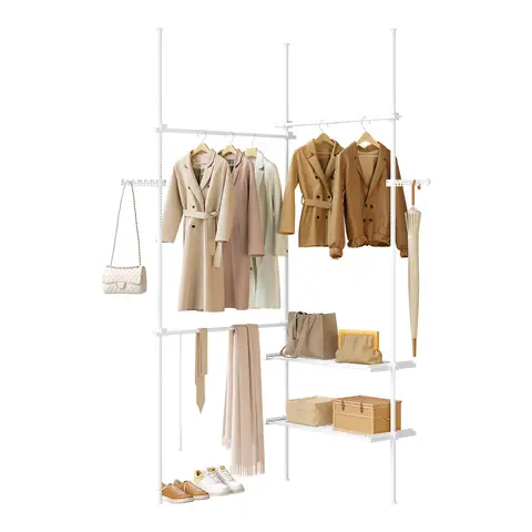 eSituro Teleskop-Kleiderständer, freistehender Kleiderschrank von Boden bis Decke mit 3 Kleiderstangen, 2 Regalen und Seitenhaken, offener Kleiderschrank mit Kleiderstange, Weiß