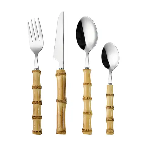 FangYuan Set de 4 couverts en acier inoxydable compatible lave-vaisselle - Argent + Manche bambou
