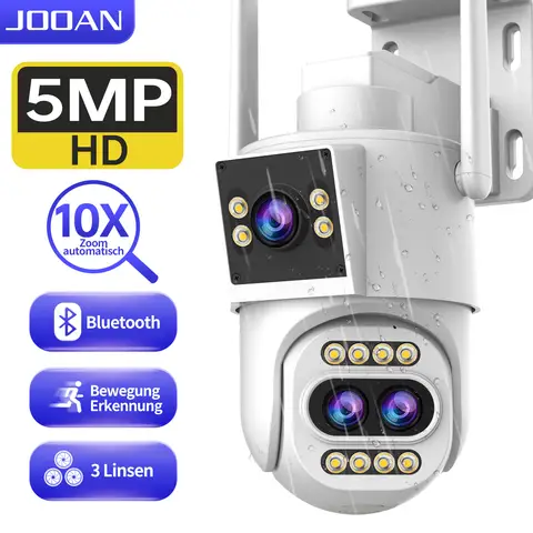 JOOAN Outdoor-Sicherheitskamera mit 3 Objektiven und 2 Ansichten【10-fach optischer Zoom und automatische Verfolgung】IP-Kamera zur Heimüberwachung, 360° PTZ, 2,4-G-WLAN, Kabelgebunden, IP66 wasserdicht, Bewegungsalarm, 8-256 g Speicherkarte/Cloud-Speicher, SMS-Alarmbenachrichtigung