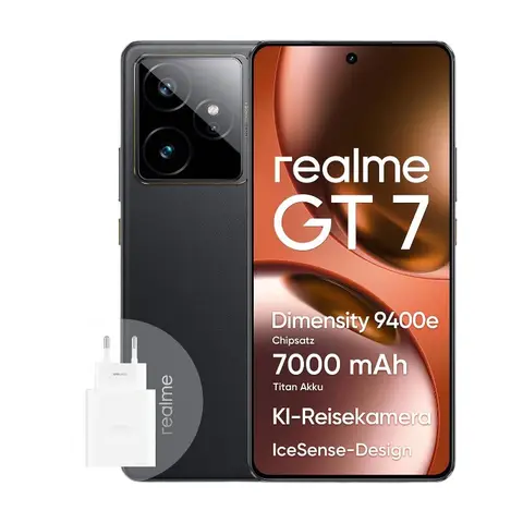 realme GT 7 Smartphone 5G 12+512 GB, Dimensity 9400e Flaggschiff-Chipsatz, 7000 mAh Titan-Akku, 6000 Nits Display, 50 MP IMX906 OIS Kamera, Al-Planer, IP69, IceSense Schwarz