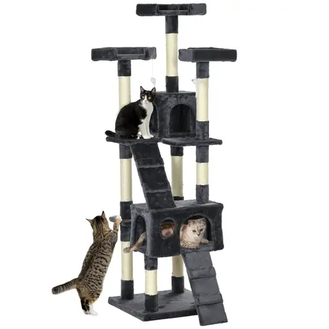 PawHut Large Cat Tree, 173 cm Cat Tower with 10 Scratching Posts, 3 Perches, 2 Condos, 1 Ramp, Kitty Climbing Tower, Activity Centre House  for Indoor Kittens, Dark Grey