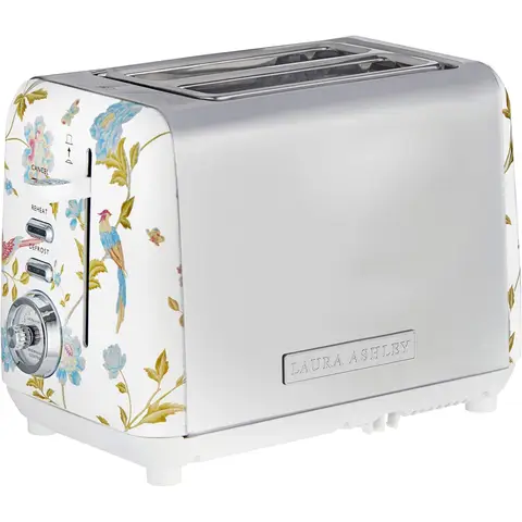 VQ Laura Ashley Retro 2 Slice Toaster, Warming Rack, Wide Slots, Hand-Applied Elveden White Print, Vintage, Stainless Steel, Floral - VQSBT582WSUK