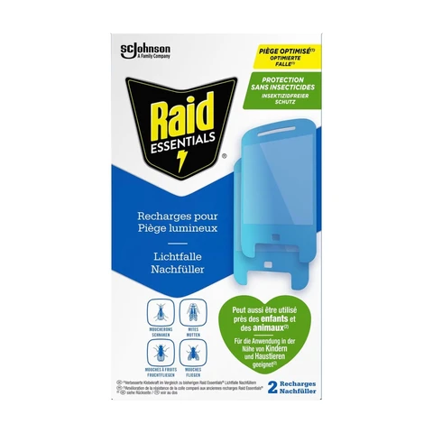 Raid Essentials 2X Lichtfalle Nachfüller für Fliegen, Fruchtfliegen und Motten, Ohne Insektizide, 24/7 Schutz vor fliegenden Insekten, Lichtfalle für den Innenbereich, 2er Pack