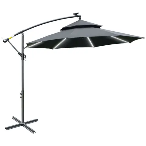 Outsunny 3(m) Cantilever Banana Parasol Umbrella with Double Roof, LED Solar lights, Crank, 8 Sturdy Ribs and Cross Base for Outdoor, Garden, Patio, Black