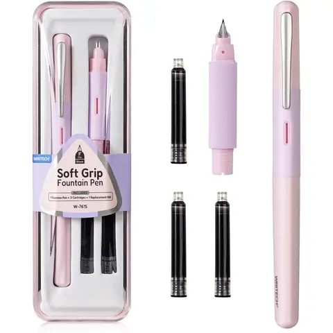 WRITECH Soft Grip Fountain Pen Fine Nib Black Ink Pen with 3 Ink Cartridges and 1 Replacement Nib Set (Pink)